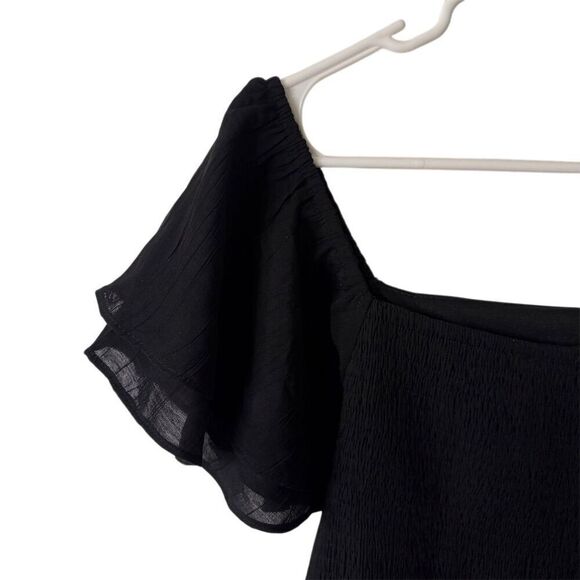 Black Flutter-Sleeve Midi Dress Women's M Chic Elegant Square Neck Casual - Picture 4 of 5